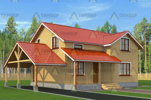 Проект дома из бруса с навесом для машины